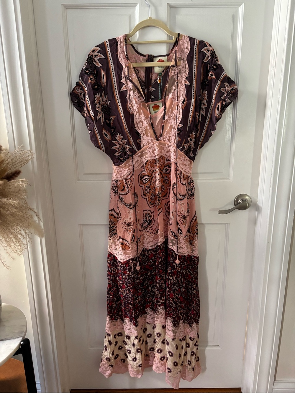 FARM Rio Mixed Paisley Lace-Trim Maxi Dress in Pink and Plum